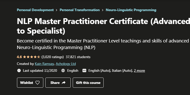 NLP Master Practitioner Certificate (Advanced to Specialist)